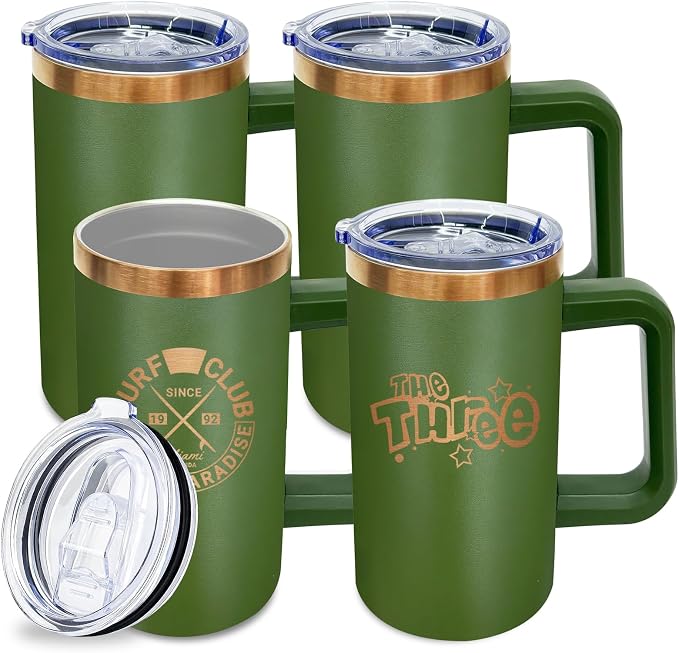 20 oz Insulated Coffee Mug with Lid, Stainless Steel Coffee Tumbler Bulk, Double Wall Vacuum Travel Mug with Handle, Leakproof Powder Coated Coffee Cups for Hot and Cold Drinks (Army Green,4 pack)