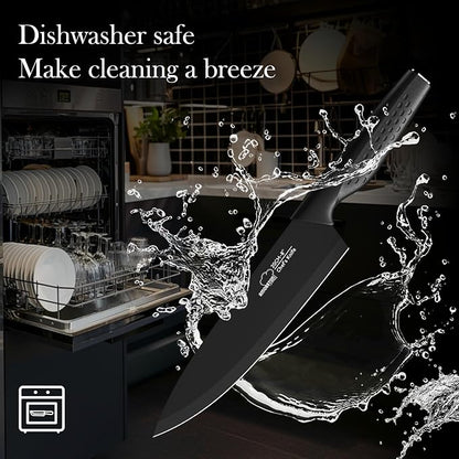 Knife Set, 15 Pieces Kitchen Knife Set with Block Built in Sharpener, Dishwasher Safe, German Stainless Steel Knife Block Set, Elegant Black