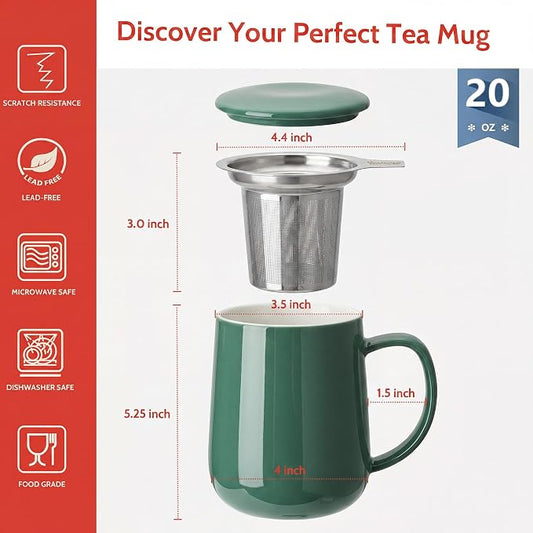 Sweese 20 OZ Porcelain Tea Mug with Infuser and Lid, Sage Green Tea Cup, Gifts for Tea Lover - Sage Green