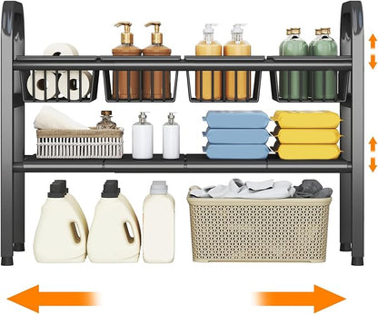 Under Sink Organizers and Storage, 2 Tier Expandable Length Adjustable Height Under Sink Organizer, Easy Assembly Heavy Duty Carbon Steel Space Saving Under Cabinet Shelf Storage Rack