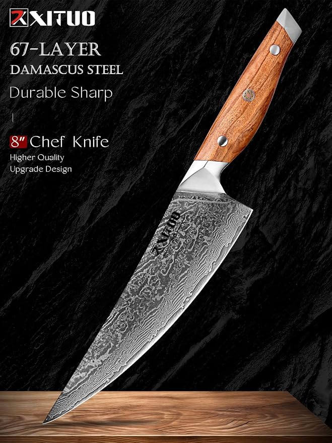 XITUO 8-Inch Damascus Steel Chef Knife, Olive Wood Handle – Japanese-Inspired Kitchen Knife for Chopping, Mincing & Slicing Meat, Poultry & Vegetables, Gift for Pro & Home Cooks