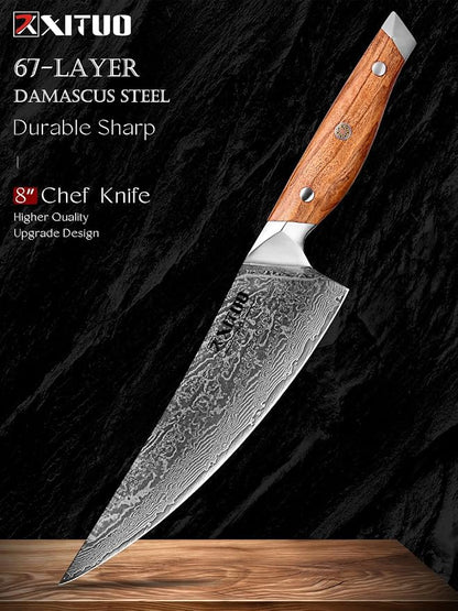XITUO 8-Inch Damascus Steel Chef Knife, Olive Wood Handle – Japanese-Inspired Kitchen Knife for Chopping, Mincing & Slicing Meat, Poultry & Vegetables, Gift for Pro & Home Cooks
