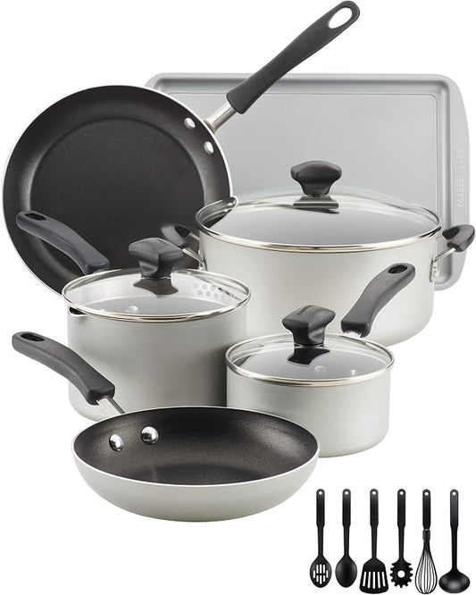 Farberware Cookstart Aluminum DiamondMax Nonstick Cookware Set, Kitchen Essentials, 5 Quarts, Silver