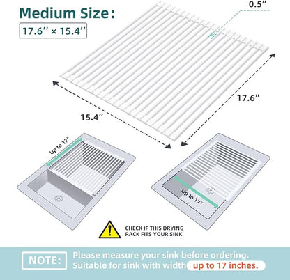 Ohuhu Over Sink Dish Drying Rack, 17.6" W x 15.4" L Roll Up Dish Racks Kitchen Sink Organizer Silicone Wrapped Large in Sink Dish Drying Rack Foldable Rolling Drain Mats Anti-Slip