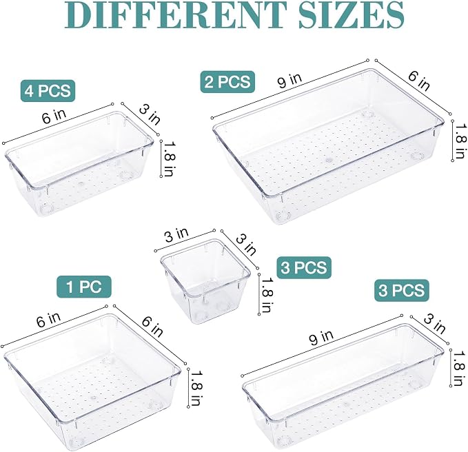 StorMiracle 13 PCS Drawer Organizer Set, 5 Varied Size Bathroom and kitchen Drawer cabinet organizer Trays, Clear Storage Bins for Makeup, Jewelry, Utensils and Gadgets