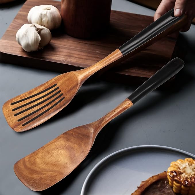 2 Pcs Wooden Spatula Set for Cooking Non Toxic Teak Kitchen Utensils Slotted Pancake Turner Flat Wood Wok Spatulas Bamboo Spoon for Cooking Utensil Set Spurtle Scraper Black Fish Egg Flipper Spatula