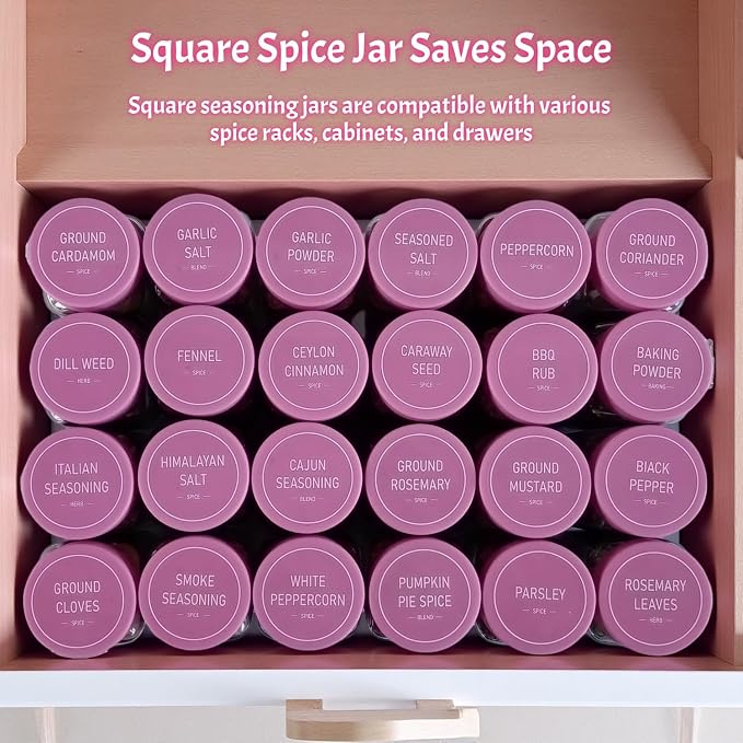 Pink Spice Jars with Labels - 24 Glass Spice with Shaker Lids & Airtight Plastic Caps - 4oz Complete Seasoning Containers Organizer Set for Cabinet, Drawer & Rack (Deeppink)