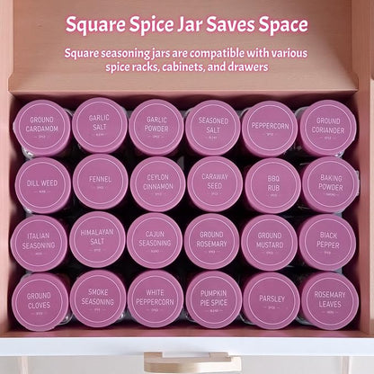 Pink Spice Jars with Labels - 24 Glass Spice with Shaker Lids & Airtight Plastic Caps - 4oz Complete Seasoning Containers Organizer Set for Cabinet, Drawer & Rack (Deeppink)