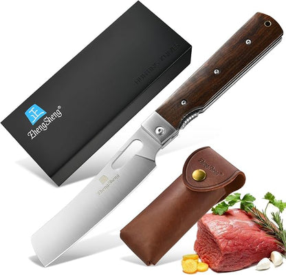 ZhengSheng Folding Chef Knife with Leather Pouch 4.8" Sharp 440A Stainless Steel Blade Wooden Handle Pocket Foldable Japanese Style Kitchen Knife for Outdoor Camping Cooking.