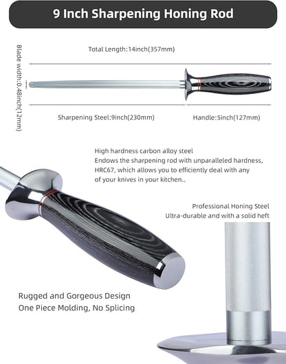 Honing Rod, Sharpening Steel for Kitchen Knives – 9" Honing Steel with Pakkawood Handle – MIAO Series