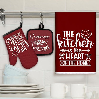 Sratte 6 Pcs Kitchen Decor Accessories Set Farmhouse Towels Pot Holders Oven Mitts Set 2 Dish Towels 2 Potholders 2 Cooking Mittens Oven Glove for Christmas Baking Cooking(Wine Red,Kitchen)