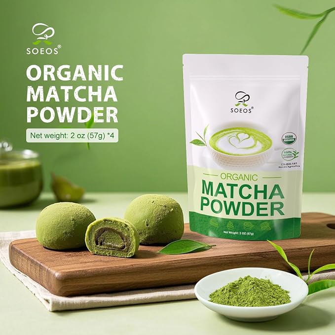 Soeos Organic Matcha Powder, Matcha Green Tea Powder, 2 oz (4 Pack), Total 8 oz, Antioxidant-Rich Matcha Powder for Lattes, Smoothies and Baking, Recyclable Bags