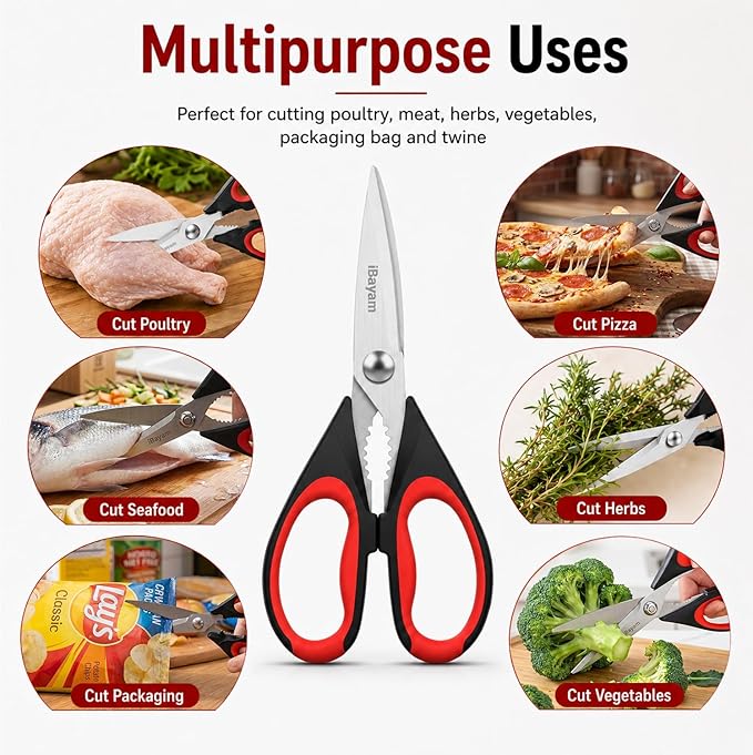 iBayam 3-Pack 8.5"Kitchen Scissors All Purpose Heavy Duty with Protective Sheath, Soft Comfort Grip Handle, Dishwasher Safe Kitchen Utensils Gadgets Set, Stainless Cooking Meat Poultry Food Shears