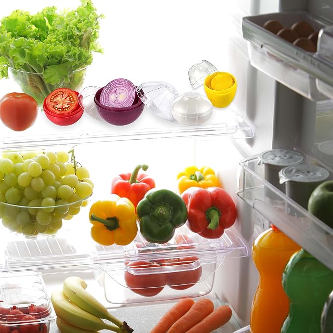 4PCS Lemon, Garlic, Tomato and Onion Storage Containers with Peeler, Freshness Keepers for Onion, Tomato, Garlic and Lemon, Ideal for Fridge Vegetable Crisper, Keeps Food Fresh Longer