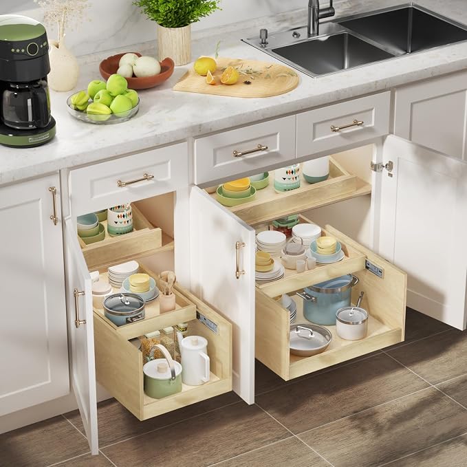 LOVMOR Retractable Double-Drawer Pull Out Cabinet Organizer 22½” W x 21” D Soft Close Cabinet Drawers Slide Out with Full Extension Rail Slides Cabinet Pull Out Shelves for kitchen Cabinets