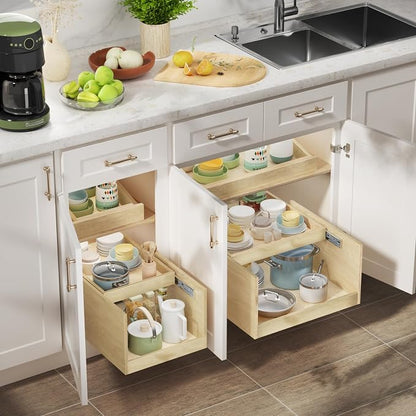 LOVMOR Retractable Double-Drawer Pull Out Cabinet Organizer 22½” W x 21” D Soft Close Cabinet Drawers Slide Out with Full Extension Rail Slides Cabinet Pull Out Shelves for kitchen Cabinets