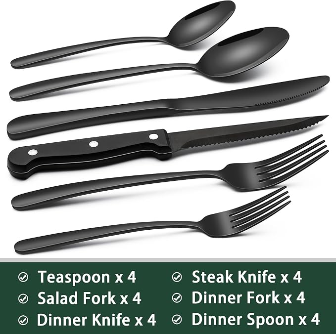 EWFEN 24-Piece Black Silverware Set with Steak Knives, Black Flatware Set for 4, Food-Grade Stainless Steel Tableware Cutlery Set, Mirror Finished Utensil Sets for Home Restaurant, Heavy Duty