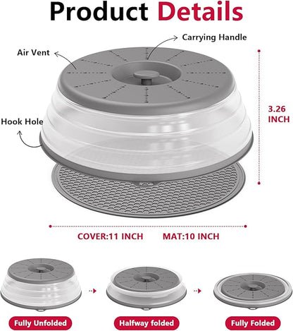 WVM Microwave Splatter Cover Vented for Food with Hook Hole, Splatter Guard & Colander Kitchen Gadget for Food, Meal Prep, Cover & Mat(Grey), M(11"x3.26")-Pack of 1