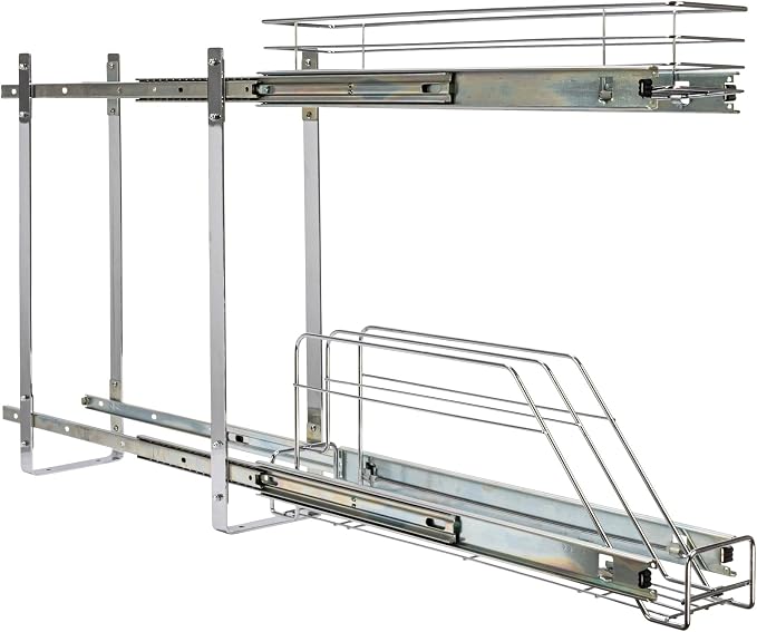 Household Essentials Glidez Multipurpose Chrome-Plated Steel Pull-Out/Slide-Out Storage Organizer for Cookware and Bakeware - 2-Tier Design - Fits Standard Size Cabinet or Shelf, Chrome