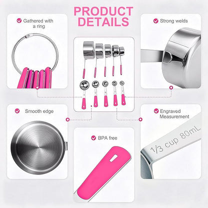 Bopei Measuring Cups and Spoons Set Stainless Steel 10 Piece for Cooking and Baking (5 Cups + 5 Spoons, Pink Handle)