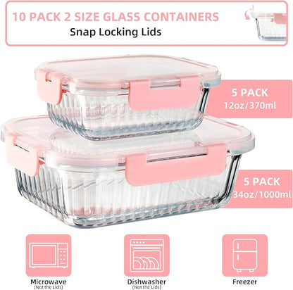 Glass Meal Prep Containers 10 Pack with Striped Pattern - For Food Meal Storage, Microwave Dishwasher Oven Safe, Airtight Lids for Meal Prep Sunday Gym Work - 5×33 Oz + 5×12 Oz