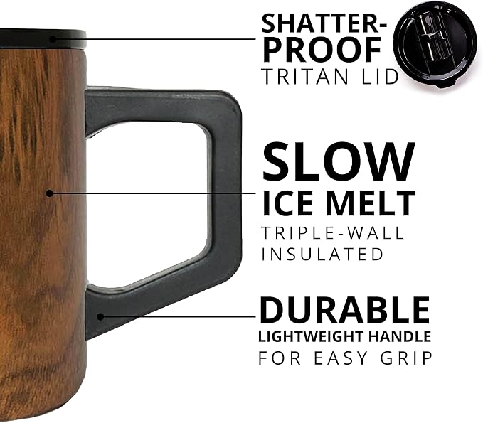 Elemental Insulated Coffee Mug - Triple-Wall Stainless Steel Summit Travel Cup for Hot and Cold Drinks - Thermal Coffee Mug with Lid and Handle for Camping, Office & Travel 12oz - Teakwood