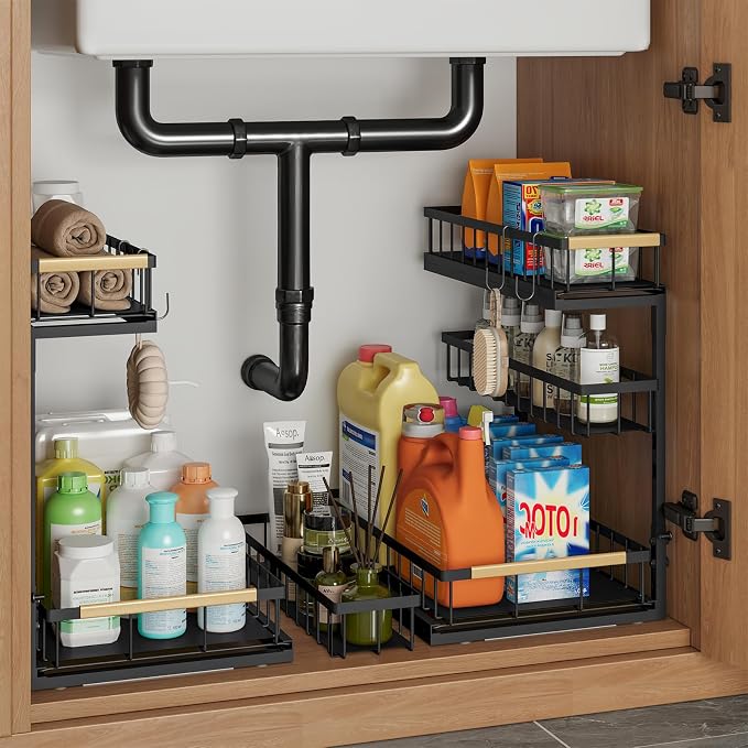 Under Sink Organizer and Storage for Bathroom and Kitchen - Under Cabinet 1 Pack 3 Tier Pull Out Shelf Organizers - Slide Out Drawer Organization for Home Cabinets Shelves and Drawers