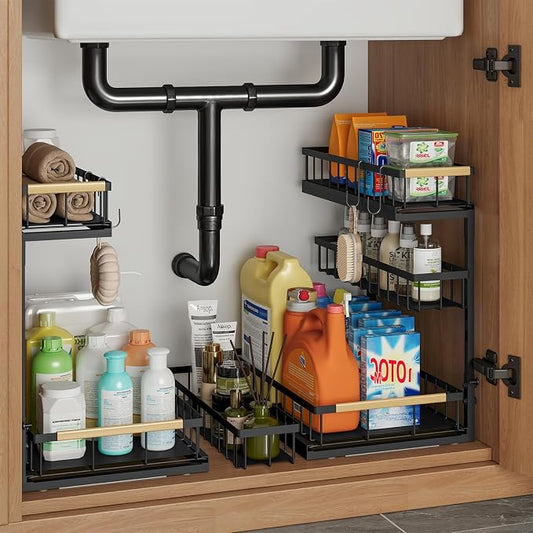 Under Sink Organizer and Storage for Bathroom and Kitchen - Under Cabinet 1 Pack 3 Tier Pull Out Shelf Organizers - Slide Out Drawer Organization for Home Cabinets Shelves and Drawers