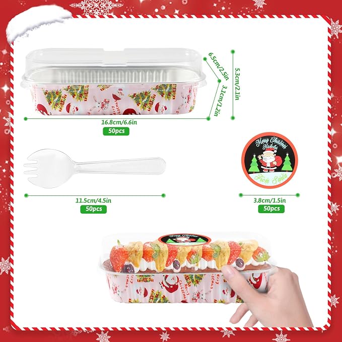 50Pack Pink Christmas Mini Loaf Pans with Lids Mini Cake Pans with Lids and Spoons, 6.8Oz Aluminum Foil Pans Tins, Individual Dessert Cups Containers for Sales,Party,Picnics