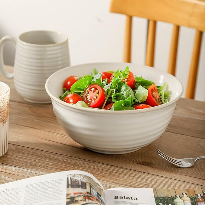Serving Bowls Set of 2, 60 Ounce Ceramic Large Bowls, Deep Kitchen Bowls for Salad Soup Ramen Pasta Cereal Fruit, Microwave Oven Dishwasher Safe, Ideal for Home Dining & Gifting, Creamy White