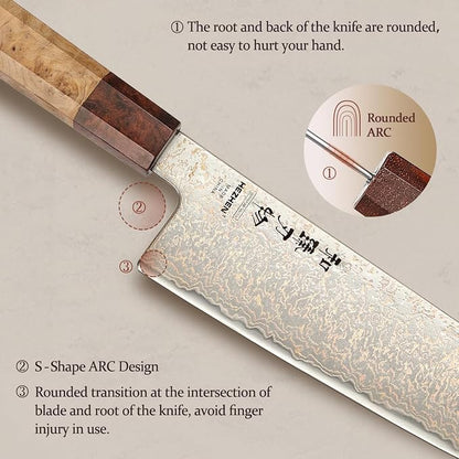 HEZHEN Kiritsuke Chef Knife,8.3 Inch, 37 Layers Tricolor Copper Damascus Steel-Japanese Damascus Knif- Professional Knife for Chefs&Home Cooking-Razor Sharp,Sycamore Wood Handle