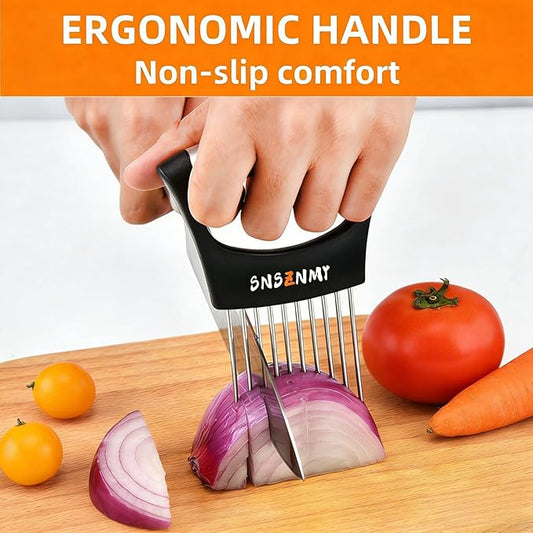Onion Holder for Slicing, Upgrade Stainless Steel Onion Slicer Holder Lemon Slicer Vegetable Cutter, Assistant Tool for Slicing Fruit, Potato, Tomato and Meat (1 Pack)