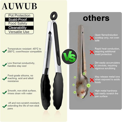 Silicone Salad Tongs - 9 Inch, 304 Stainless Steel Core & Non-Slip Grip, Black Color, Kitchen Utensils for Grilling Salad