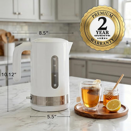 OVENTE 1.8L Electric Kettle, 1500W Fast Boiling Heater for Coffee or Tea, BPA Free, Easy to Fill Lid, Water Level Window, Auto Shut-Off, Boil-Dry Protection and Removable Filter, White KP413W