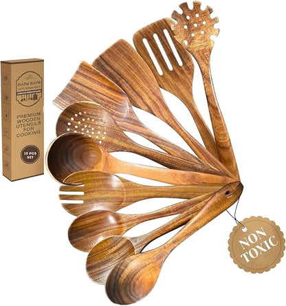 DADU BADU Teak Wooden Utensil Set of 10 – Non-Toxic Cooking Spoons & Spatulas for Nonstick Pans – Includes Pasta Spoon, Ladle, Skimmer – Premium Wood Kitchen Gift Set with Holder