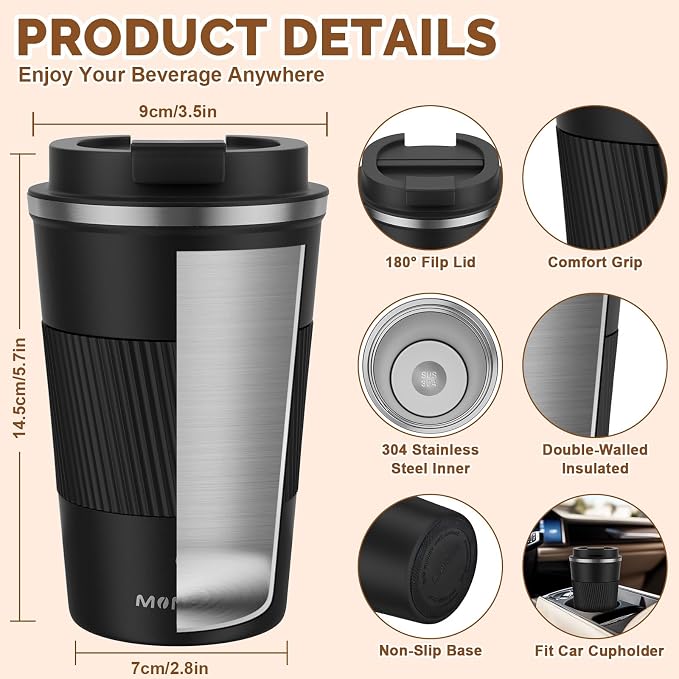 MOMSIV 12oz Travel Mug, Insulated Coffee Cup with Leakproof Lid, Vacuum Stainless Steel Double Walled Reusable Tumbler for Hot and Cold Water Coffee and Tea In Travel and Car (Black - 380ml)