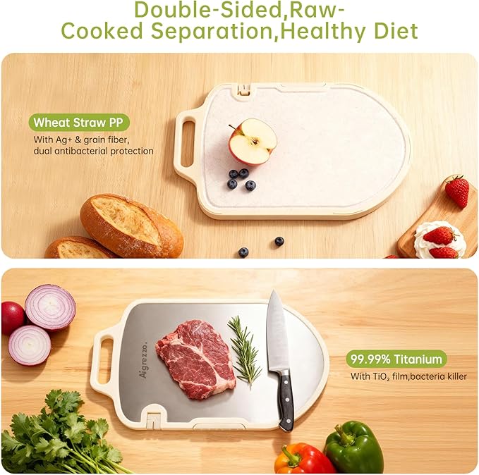 Titanium Cutting Board, 16x11x0.9 inch Non-Slip Chopping Board with Knife Sharpener, Dual-Sided Titanium & Wheat Straw PP, Anti-Spill Edge, Dishwasher Safe，Shield