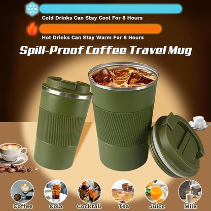 SPLMIFA Vacuum-Insulated Stainless Steel Travel Coffee Mug, Leak-Proof Reusable Coffee Cup with Lid - Keep Hot & Cold Drinks for Hours, Durable Insulated Tumbler for Men & Women(3rd-Green, 12OZ)