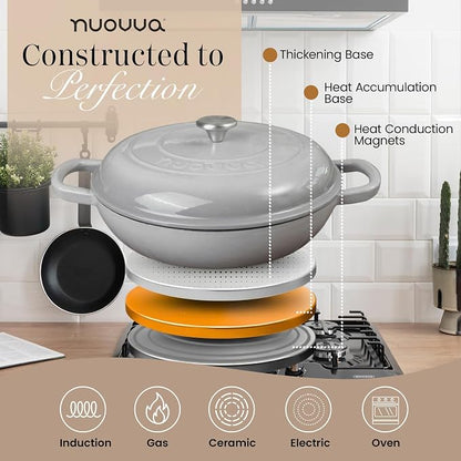 Shallow Cast Iron Casserole with Lid – Non Stick Dutch Oven Pot, Oven Safe up to 500° F – Sturdy Ovenproof Stockpot Cookware – Enamelled Cooking Pot – Grey, 3.7-Quart, 30cm – by Nuovva