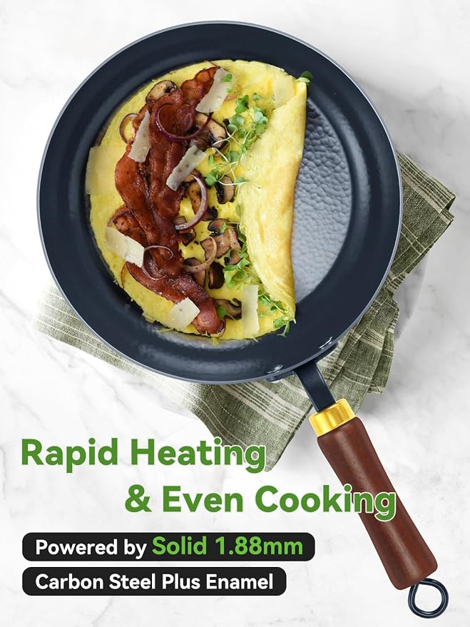 9.5" Enameled Carbon Steel Skillet, Nonstick Frying Pan with Stay-Cool Wooden Handle, Season-Free Stir-Fry Pan, Non-Toxic PTFE & PFOA Free Cookware, Oven-Safe & All Stovetops Compatible