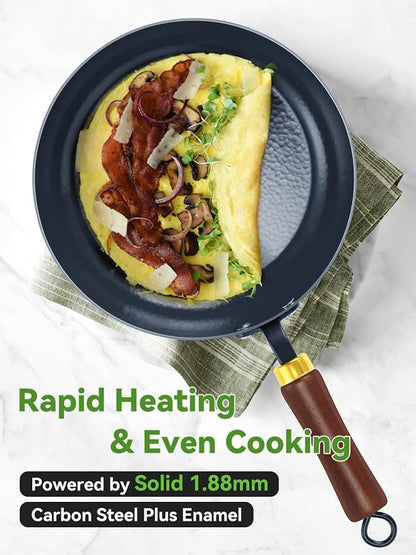 9.5" Enameled Carbon Steel Skillet, Nonstick Frying Pan with Stay-Cool Wooden Handle, Season-Free Stir-Fry Pan, Non-Toxic PTFE & PFOA Free Cookware, Oven-Safe & All Stovetops Compatible