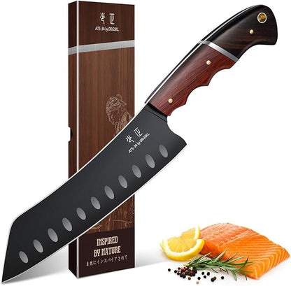 DRGSKL Santoku Knife 7 Inch - Japanese Chef Knife for Fish, Bunka Knife for Meat, Kiritsuke Knife for Vegetables, Black Slicing Knives with Full Tang Handle, Gift for Men Women