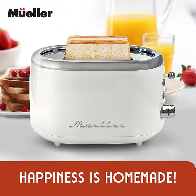 MUELLER HOME Retro Toaster 2 Slice, 7 Browning Levels, 3 Functions (Reheat, Defrost, Cancel), Stainless Steel Features, Removable Crumb Tray, Under Base Cord Storage, White Toaster Kitchen Appliances