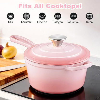 2 Quart Sauce Pan with Lid, Leonyo Small Cooking Pots, Enameled Cast Iron Cookware Set Simmer Pots for Kitchen Induction Boiling Soup, Bread, Ramen - Up to 500°F & Oven Safe, Pink