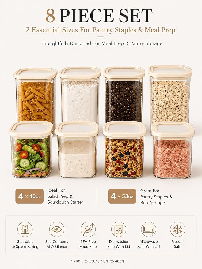 8pcs Square Glass Pantry Storage Containers Set with Glass Lids 1.22Qt/1.67Qt - Airtight Stackable Kitchen Canisters Sets for Pasta, Cereal, Flour | 40floz / 53floz Glass Pantry Storage Jars