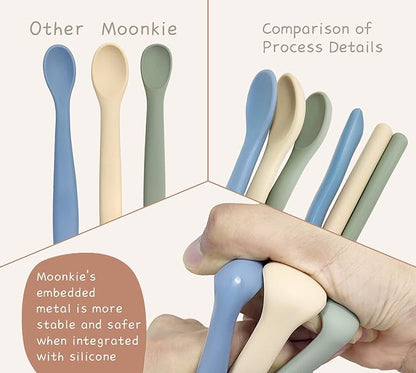 Moonkie Silicone Baby Spoons Set of 4, Toddler Spoons for Self Feeding 6 Months, Two Sizes Feeding Spoons for First Stage 4+ Months, Baby Utensils, Bendable, Chewproof & Boil-proof (Without Case)