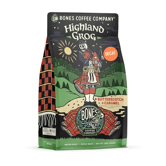 Bones Coffee Company Decaf Highland Grog, Butterscotch Caramel Decaffeinated Flavored Coffee, Medium Roast Low Acid Arabica Beans For Auto drip and French Press Coffee Maker, 12 Oz Whole Bean