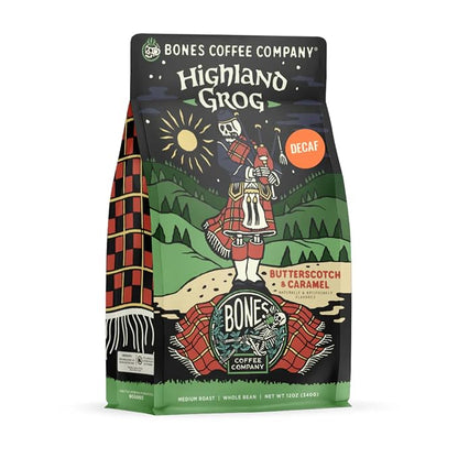 Bones Coffee Company Decaf Highland Grog, Butterscotch Caramel Decaffeinated Flavored Coffee, Medium Roast Low Acid Arabica Beans For Auto drip and French Press Coffee Maker, 12 Oz Whole Bean