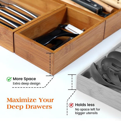 Piklohas Carbonized Bamboo Kitchen Silverwar Drawer Organizer,14.2 inch Length Natural Utensil Flatware Organizers Tray Storage for Spoons Forks & Knives