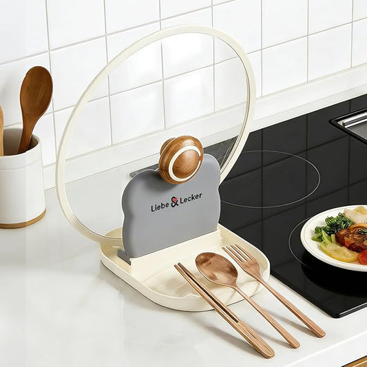 Liebe&Lecker Spoon Rest with Pot Lid Holder, 2-in-1 Upright Kitchen Organizer for Stove Top & Counter, Heat-Resistant Utensil Rest for Spatulas, Ladles & Lids, BPA-Free Kitchen Cooking Gadget
